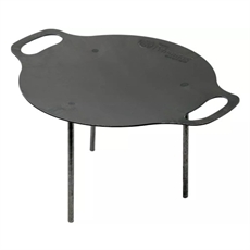 Rund griddle med två handtag och tre ben för stöd. Platt yta för matlagning.